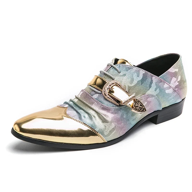Fashion Gold Casual Shoes England Chelsea Bright Pointed Toe Leather Shoes Men Slip-on Business Party Wedding Oxford Shoes