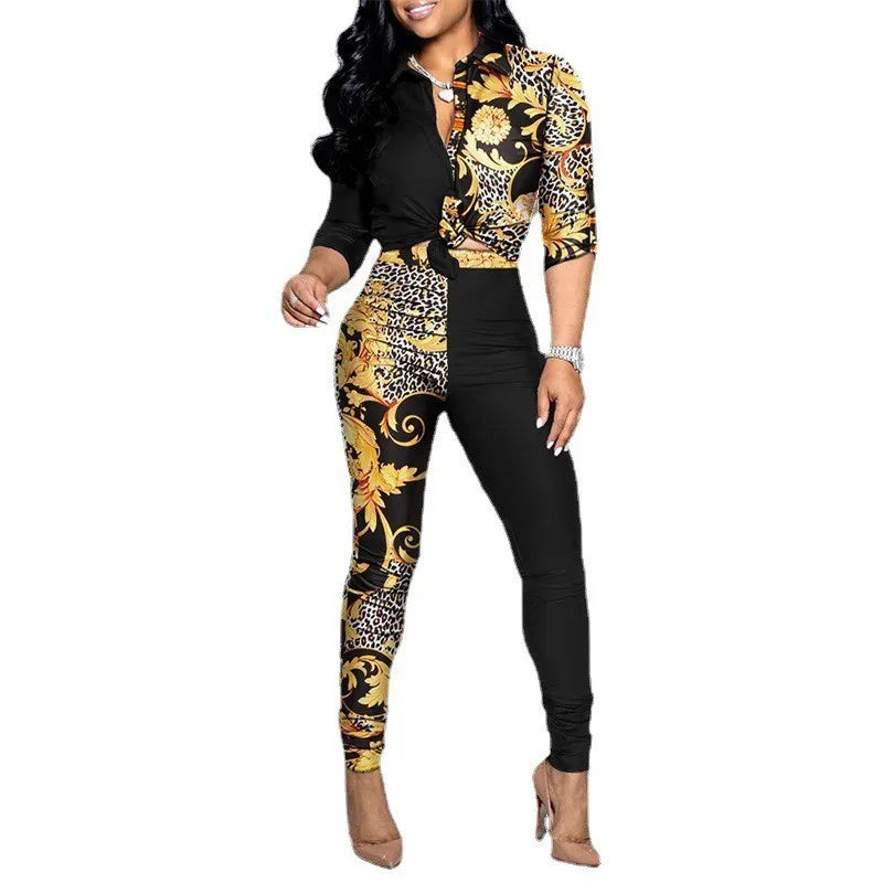 Women's Spring Summer New Set Fashion Color Blocked Printed Long Sleeve Collar Single Breasted Shirt Casual Pants Two Piece Set