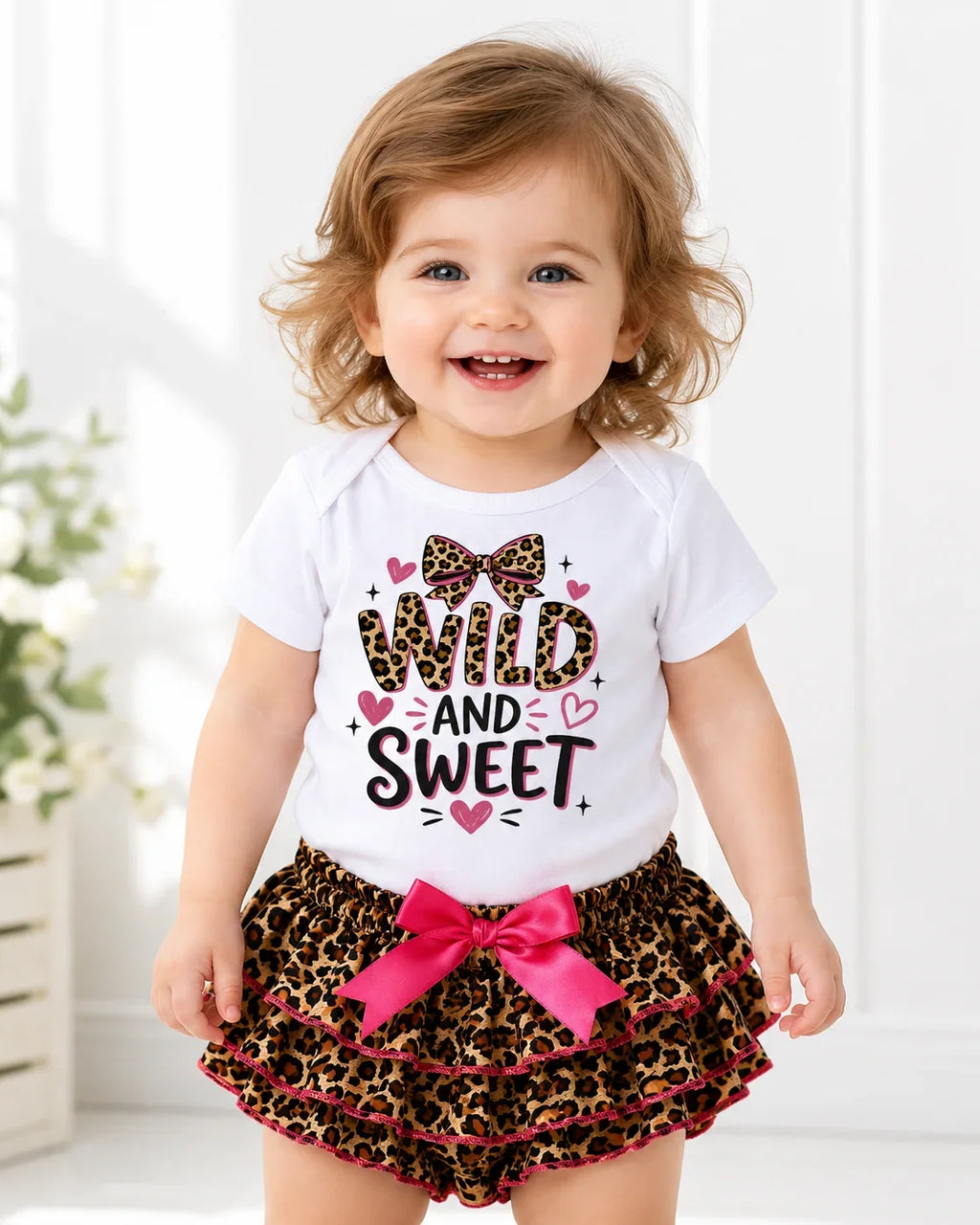 Baby Girl 2Pcs Outfit Wild And Sweet Leopard Print Short Sleeve Bodysuit Ruffle Leopard Skirt Shorts Set Newborn Summer Clothes