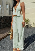 Two Piece Set Women Outfit 2026 Spring Summer New Striped Halter Deep V-Neck Backless Lace Up Vest & Casual Long Pants Set
