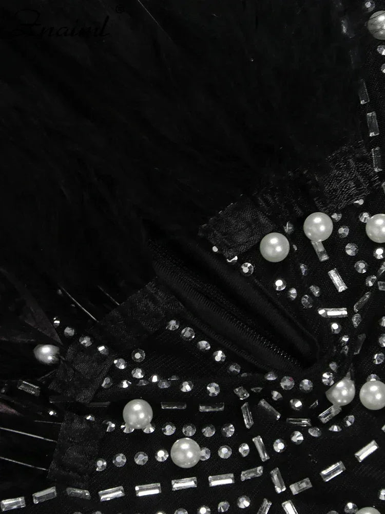 Znaiml Sexy Feathers Rhinestones Backless Diamond Sheer Mesh Bodycon Dresses for Woman Rave Club Birthday Party Night Vestidos