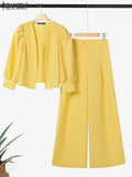 ZANZEA Elegant 2pcs Women Pant Sets Long Sleeve Cardigan Suit and High Waist Wide Leg Pants 2025 Fashion Solid Two-piece Outfits