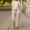 Half-sleeved Women's Cotton Linen Suit Elastic Waist Wide-leg Two-piece Set Round Neck Comfortable Summer Matching Suit