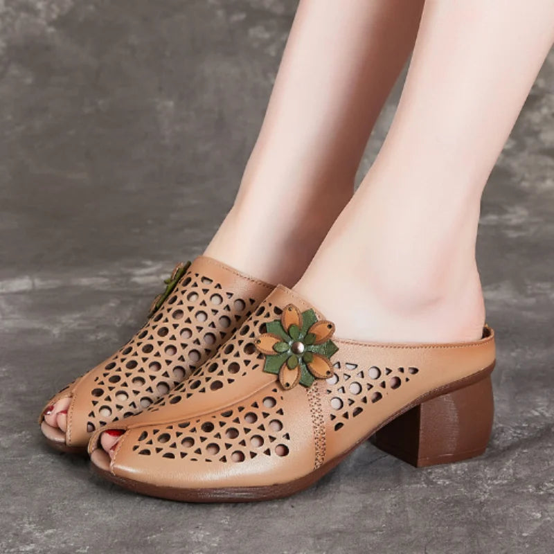 2026 New Summer Thick Bottom Slope with High Heel Slippers Genuine Leather Sandals Flowers Hollow Women Shoes Fashion Sandals