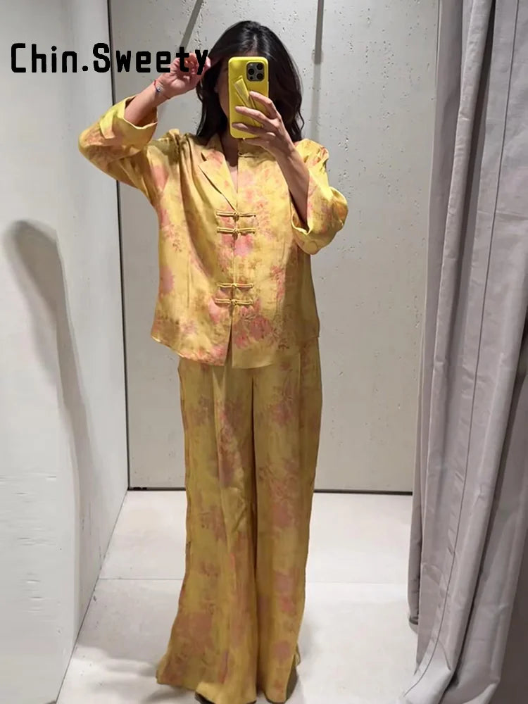 Fashion Women's Printed Button Top Long Pant Set Loose Stand Collar Full Sleeved Tops Wide Leg Pants 2026 Autumn Lady Suit New