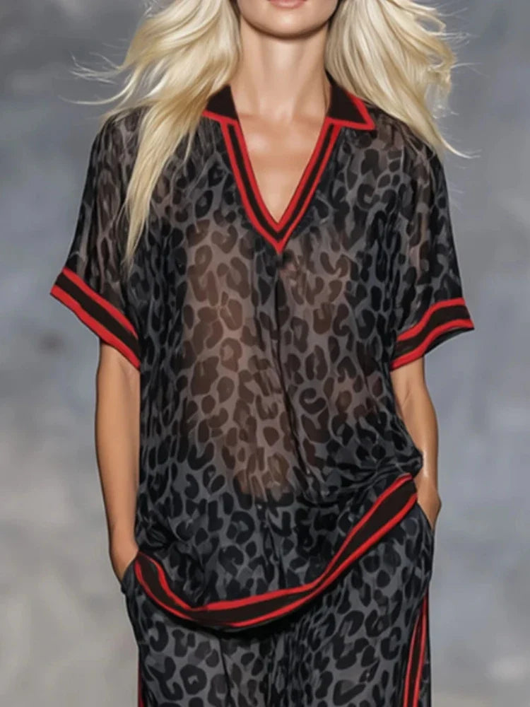 Summer Casual Outfits Female Leopard Print Stripe Contrast Color Two Piece Set for Women Short Sleeve Top & Wide Leg Pants