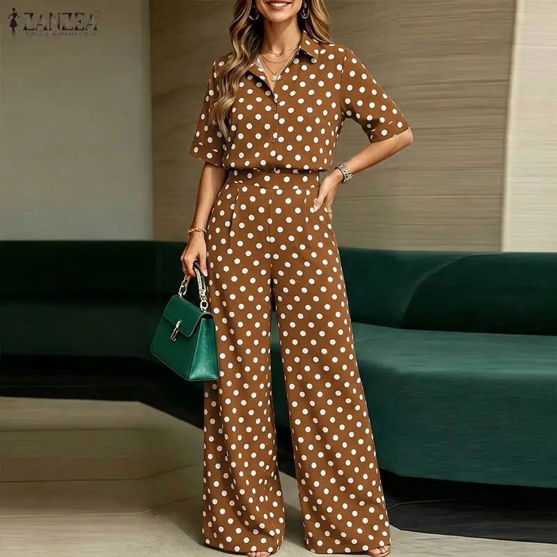 Elegant Women OL Work  Pants Sets ZANZEA Summer Lapel Neck Short Sleeve Shirt Trousers Suit Stylish Polka Dots Outfits 2 Pieces