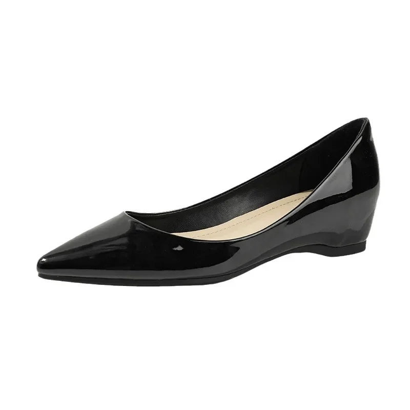 Women Low Heels 5cm Internal Height Increasing Shoe Fashion Flats Women Shoes Pointed Toe Patent Leather Office Driving Shoes
