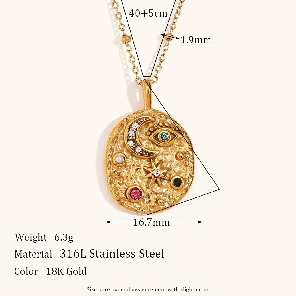 La. Muses Colored Cubic Zirconia Star Moon Texture Pendant Stainless Steel Retro Luxury Necklace Waterproof Jewelry Gift
