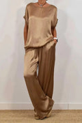 Simple Satin Women's Suits Summer Fashion Short sleeve Loose Blouse Wide Leg Pants Two Piece Set For Women Casual Outfits