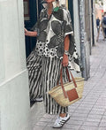 2 Piece Sets Women Summer Print Loungewear Long Pants Sets 2025 Vintage Short Sleeve Shirt Loose Pants Suits Matching Set Outfit