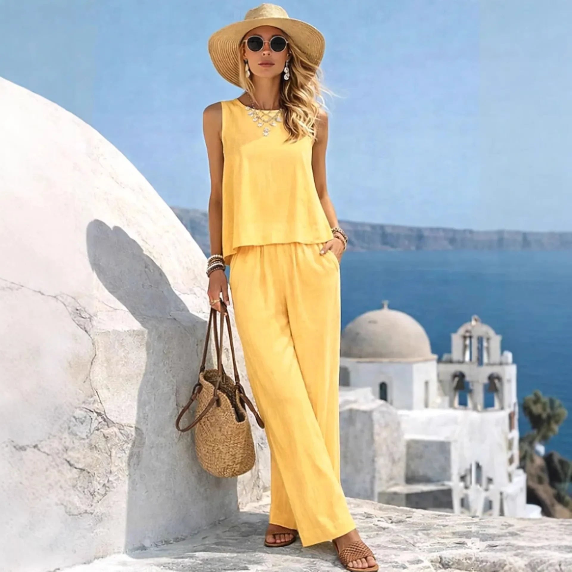  Women Vacation 2 Piece Outfit Sleeveless Tank Loose Top Pockets Wide Leg Pants Cotton Linen Blend Casual Summer Beach Wear