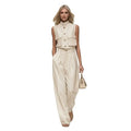 Elegant Sleeveless 2 Piece Sets Sleeveless Shirt Two Piece Outfit Stand Collar Pocket Blouse High Waisted Wide Leg Pants Sets
