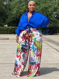 2piece Woman Outfit Streetwear Blue Silk Blouses Women Plus Size Autumn Top and Pants Suits 4xl Casual Female Pants Sets