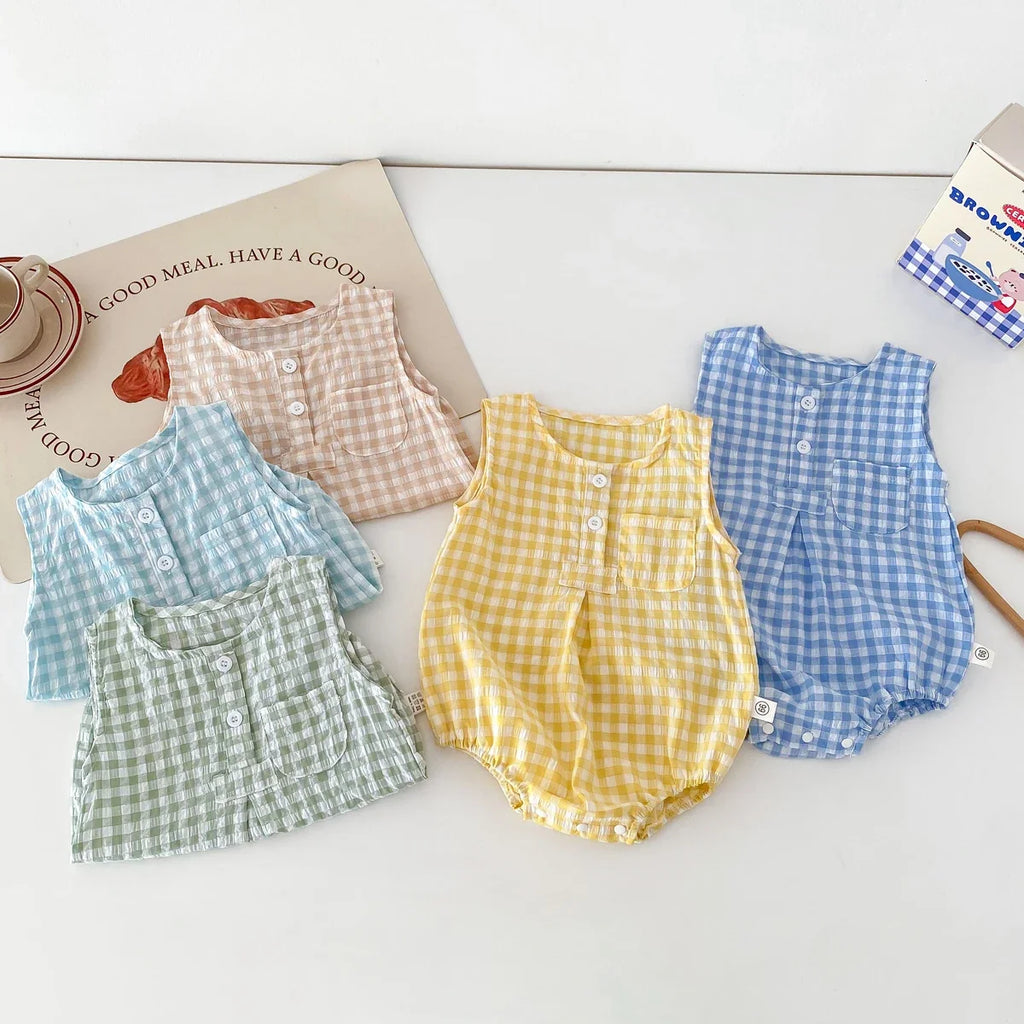 Summer Baby Girls Sleeveless Romper  Plaid Newborn Baby Bodysuit  0-2 Years Old Infant Jumpsuit