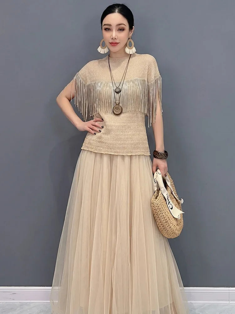 SHENGPALAE Fringe Short Sleeve Knit Top Tulle Maxi Skirt Two Piece Set Elegant Casual Summer Women Outfit 2026 New Summer