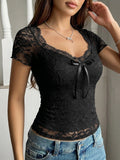 VigoCasey Lady Black Lace T-shirt Women 2026 Summer Sexy Tight Short Sleeve Crop Top Female Elegant Square Collar Tied Club Tops