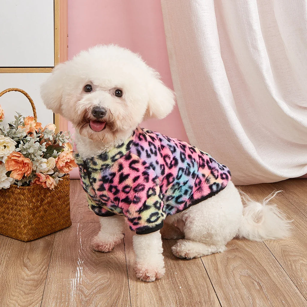 Pet Clothes for Dog Cat Puppy Tank Top Colorful Leopard Fuzzy Coat  Sweatshirt Dog Outfits for Small Medium Dog for Autumn Winte