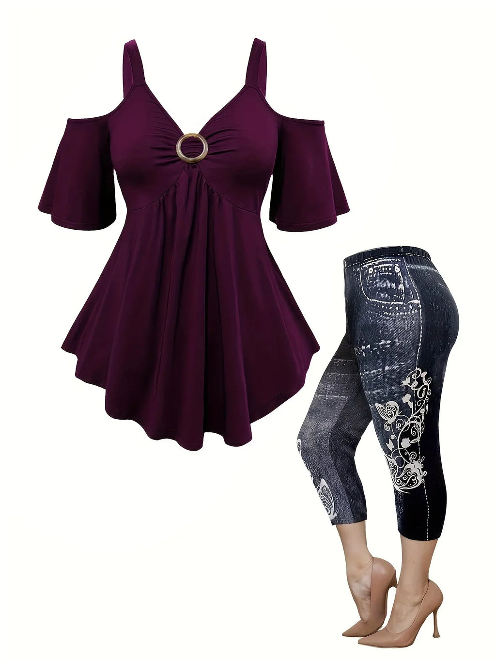 Plus Size Plus Size Ladies Shoulder Bared Fashion Denim Printed Pants Casual Slimming Two Piece Set Polyester Fiber from Main...