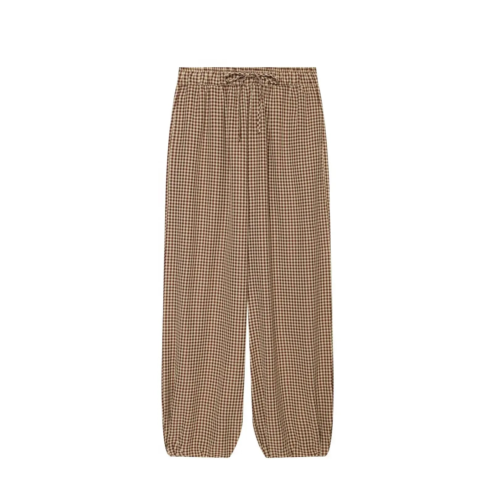 Women's Long Pants 2026 Summer New Style Red Plaid Drawstring Lantern Pants Long Pants Beach Vacation Casual Fashion