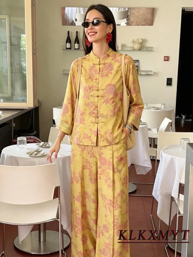 Women Fashion Flower Print Sets Sexy Long Sleeve Frog Button Decoration Top+Wide-Leg Pants Summer Autumn Vacation New 2 Pieces