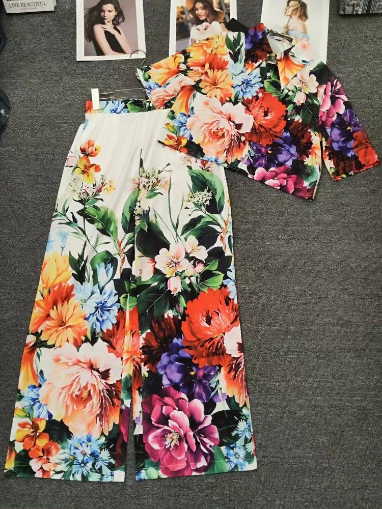 Spring and Summer New Women's Printed Pants Lapel Short Sleeve Waist Short Shirt + High Waist Wide Leg Pants Elegant Two-Piece S