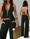 Fashion White Woman 2 Piece Set Outfit Spring And Summer Women's Halter Neck Strap Sexy Backless Sleeveless Vest Slim Suit