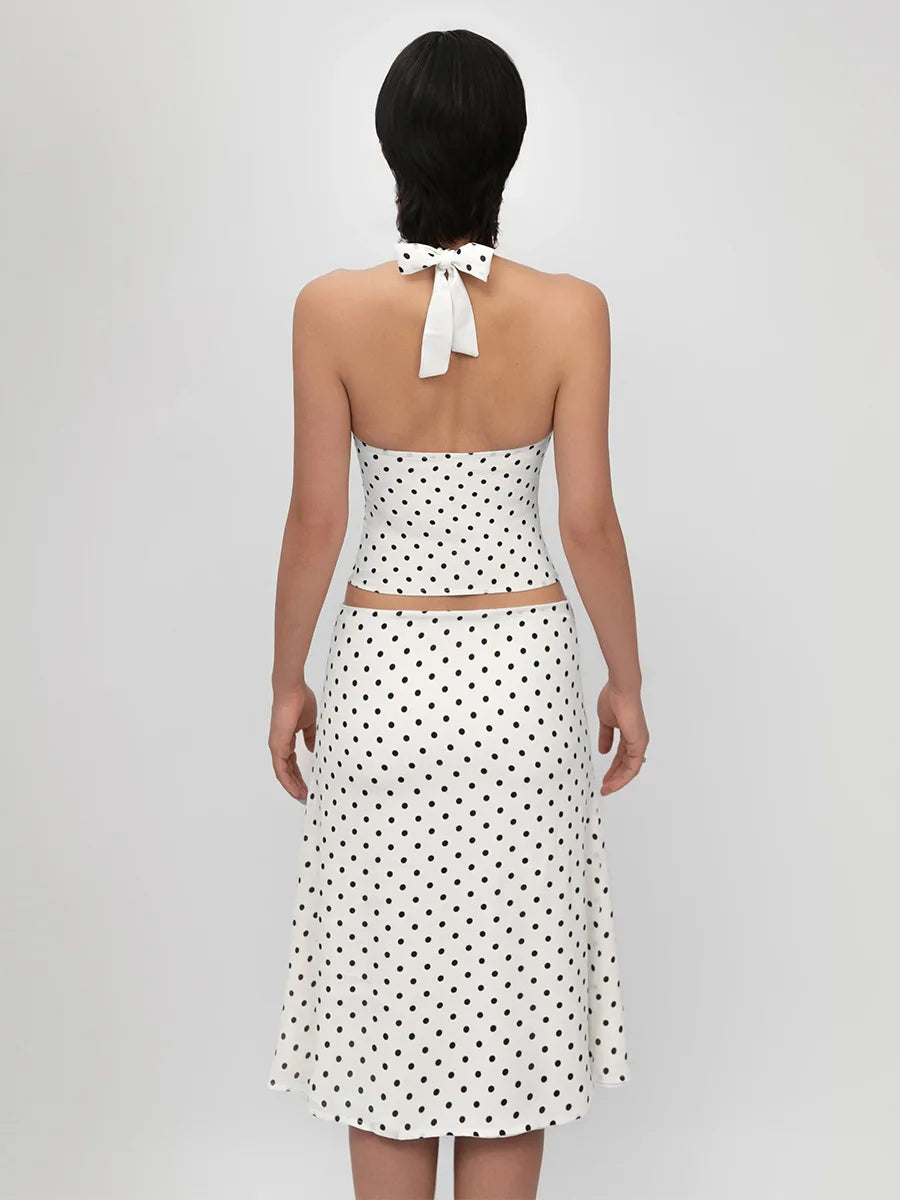 Bornladies Polka Dot Skirt Set Women's Retro Hot Girl Style Lace-Up Sexy Halter Top Low-Waist Midi Skirt Two-Piece Outfit