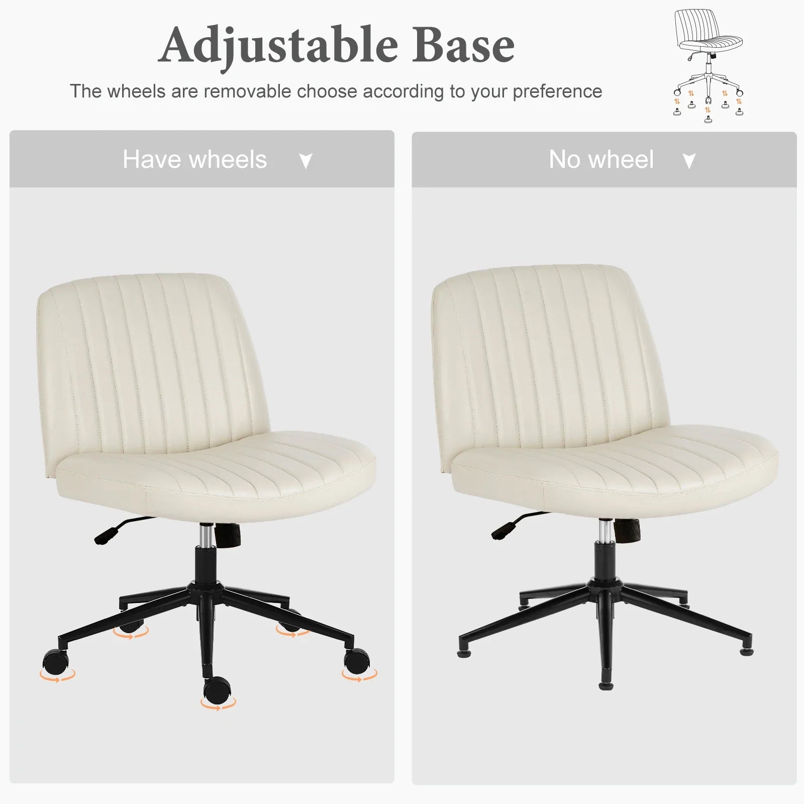 JHK Armless Cross Office Chairs with Wheels PU Leather Swivel Living Room Desk Chair Height Adjustable Support Seat Furniture