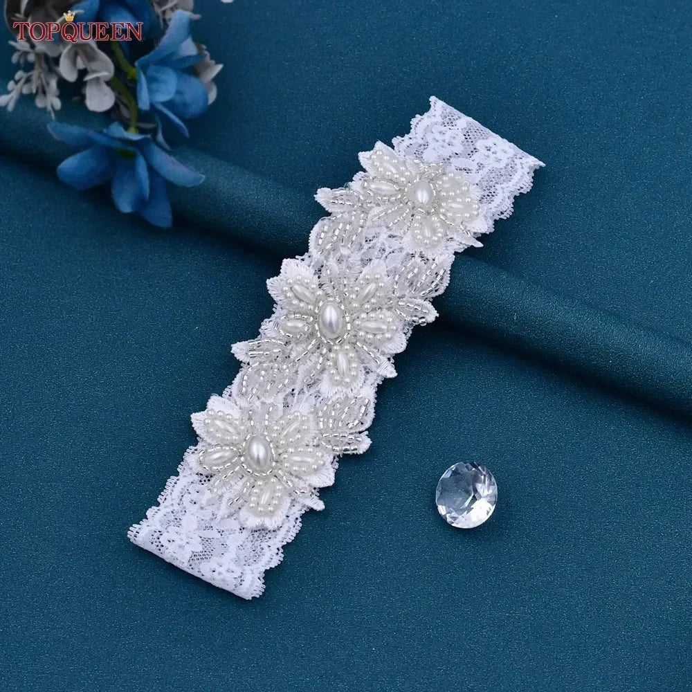 TOPQUEEN ST40 Sexy Lace Flower Thigh Ring Crystal Beaded Pearls Wedding Garter Belt  Bridal Cosplay Fashion Stocking Ring