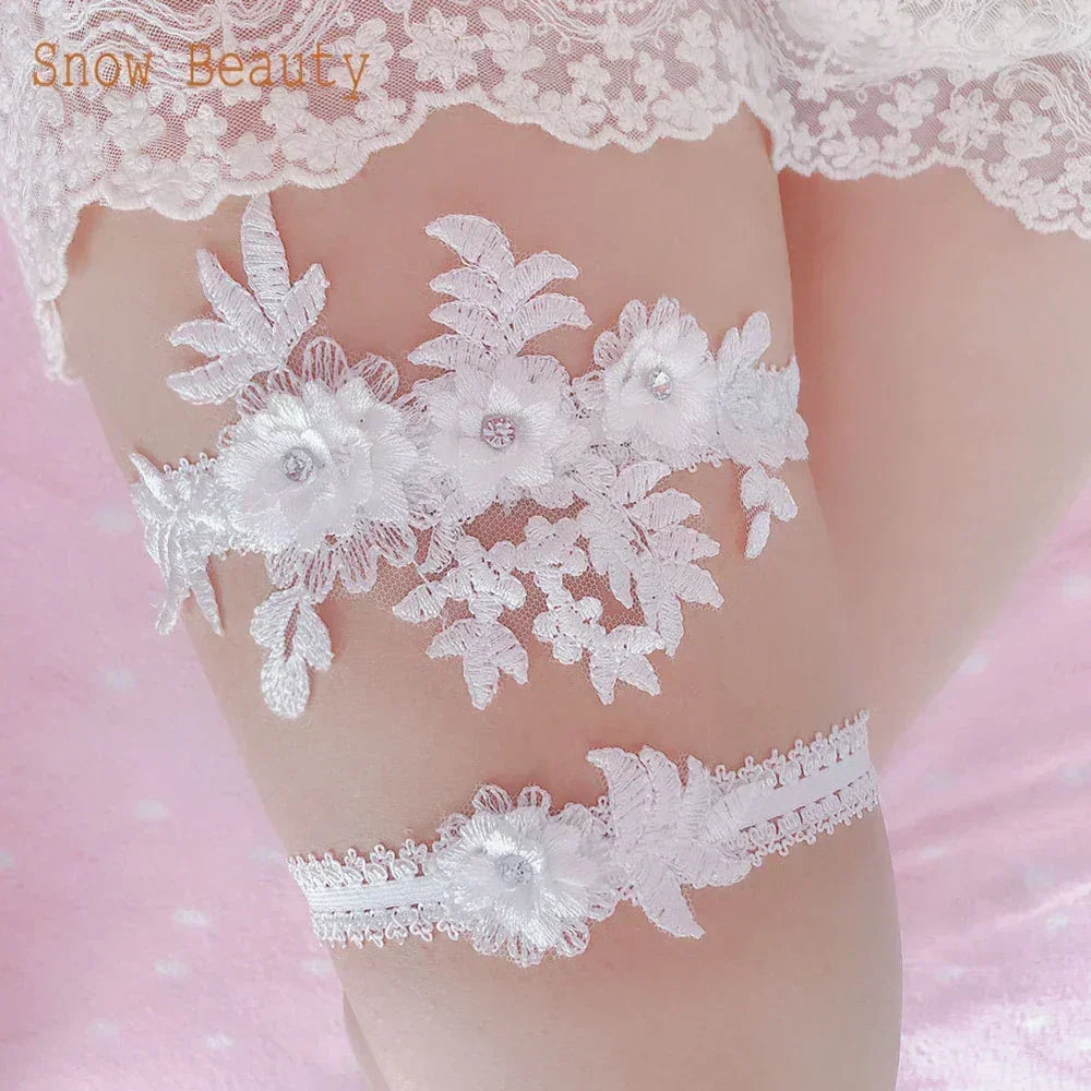 K03 2 PCS Sexy Lace Flower Crystal  Pearls Wedding Garter Belt Thigh Ring Bridal Leg Garter Stocking Garter Belt Girl Women