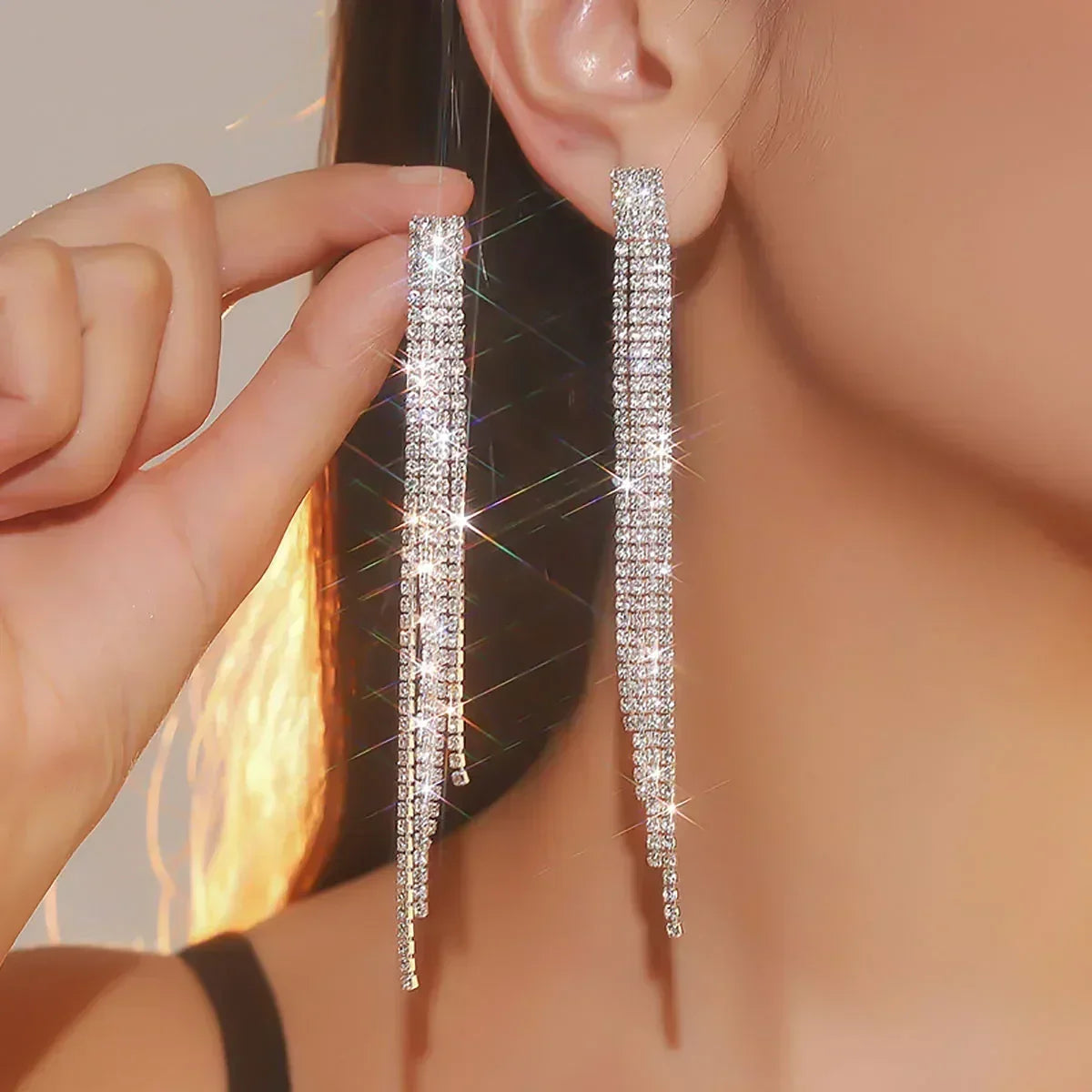 TREAZY Shiny 4 Lines  Rhinestone Crystal Tassel Long Earrings for Women Wedding Party Hanging Dangle Earrings Bridal Brincos