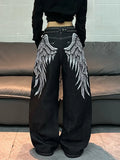 1 Pc American Retro Wing Print Loose Jeans, Street Trend Fashionable