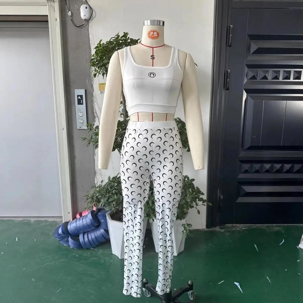 Y2K Fashion Women Two Piece Set Sexy Slim Fit Vest and Pants High Street Retro Crescent Print Matching Set