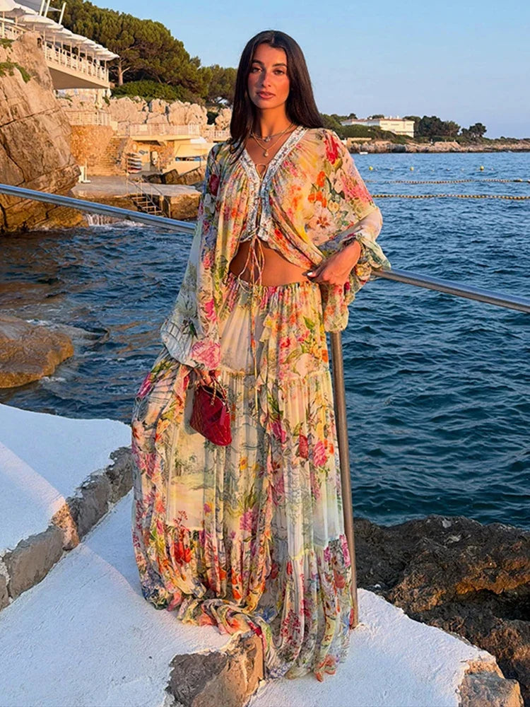 Bohemian Floral Matching Set V Neck Tie Front Crop Top Elastic Waist Tiered Ruffle Maxi Skirt Vacation 2 Piece Outfit 2026 Beach