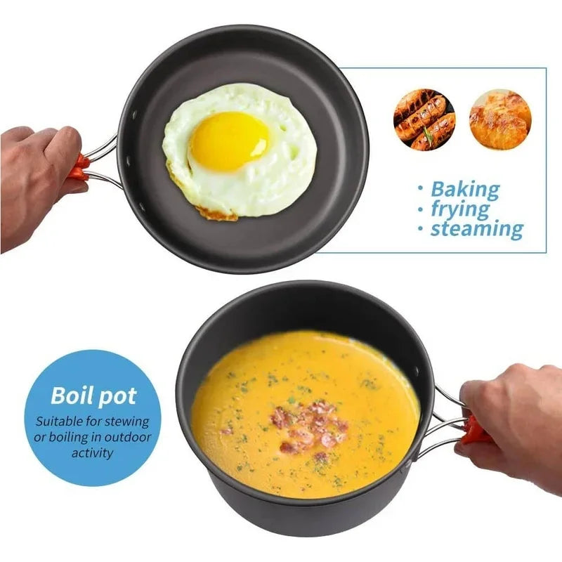 2-3 Person Non-Stick Camping Cookware Set, Portable Outdoor Picnic Travel Tableware with Teapot