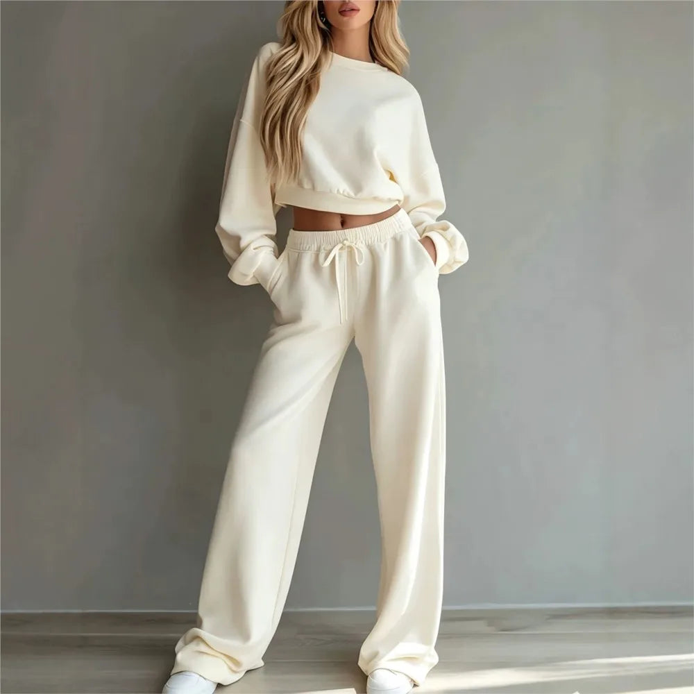 Autumn New Casual O Neck Long-sleeved Ultra-short Sweatshirt Trousers 2piece Set Women Fashion Casual Female Sports Trousers Set