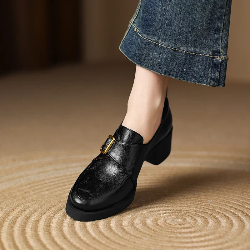 2026 New Women Pumps Pointed Toe Women Shoes Chunky Heel Loafers Fashion High Heels Split Leather Ladies Shoes Big Size 43