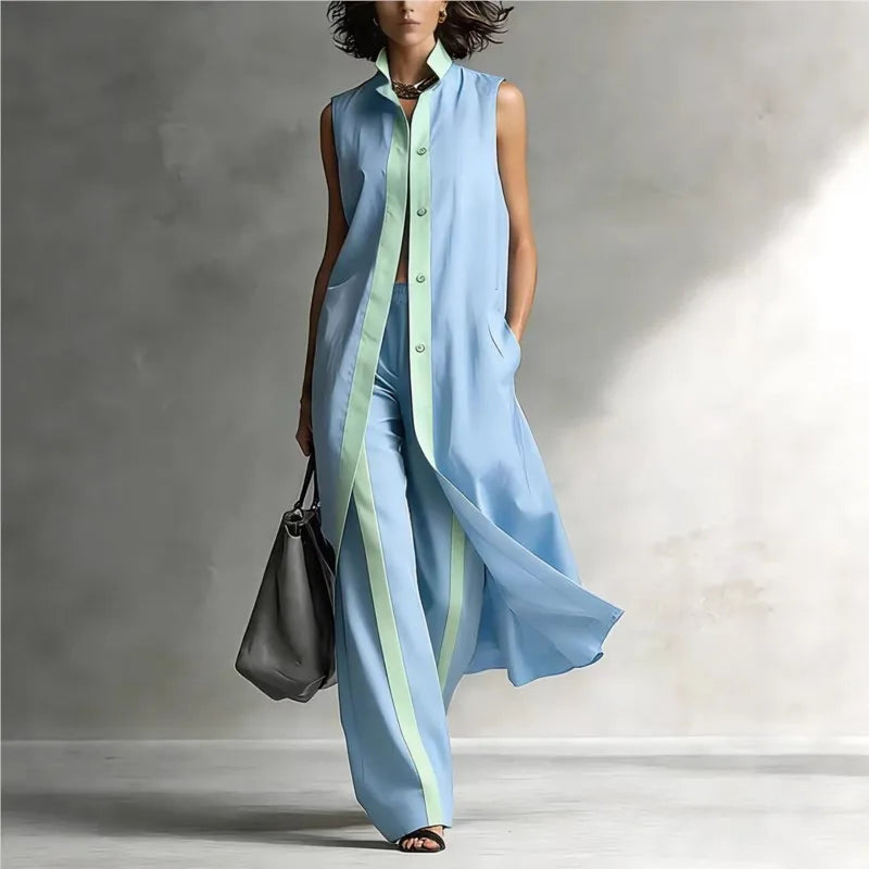 Women's Two-piece Sleeveless Stand-up Collar Vest Cardigan Trousers 2026 Summer New Loose Fashion Casual Contrast Color Suit