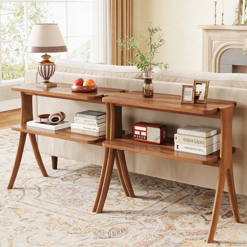 Tribesigns Walnut Side Table for Living Room, Narrow End Table with 2-Tier Storage Shelf and Solid Wood Legs, Slim Bedside Table