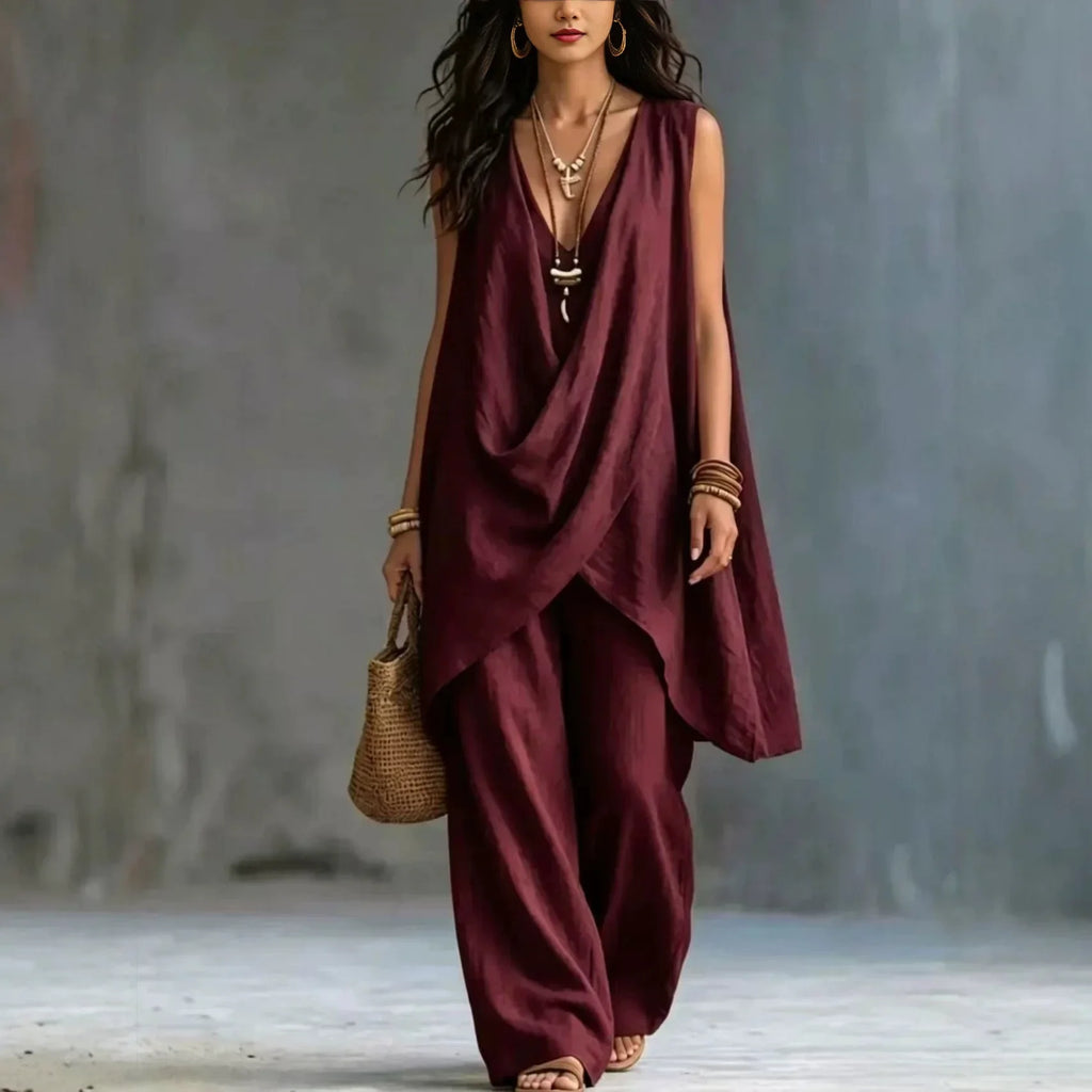 Women Holiday Blouse Pant Suits Summer Sexy V Neck Sleeveless Loose Asymmetrical Blouse Tops&Wide Leg Full Trouser Sets
