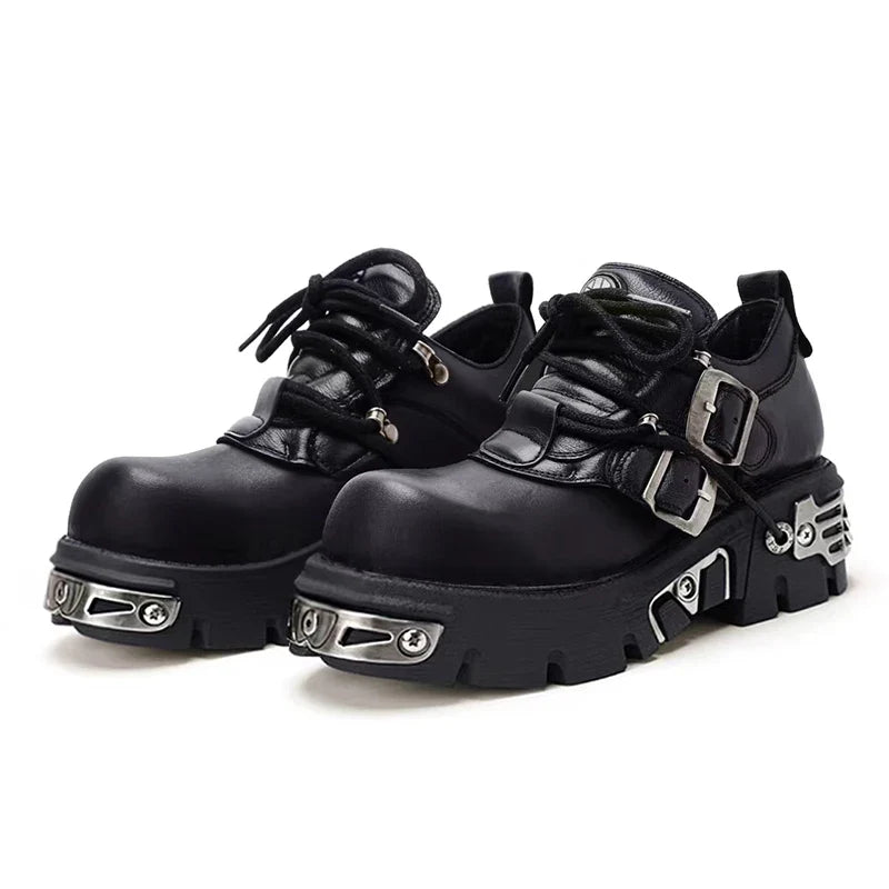 Platform Metal Punk Flats Cross Tied Buckle Single Shoes Zip Round Toe Gothic Runway Casual Women Shoes Goth Black Chunky