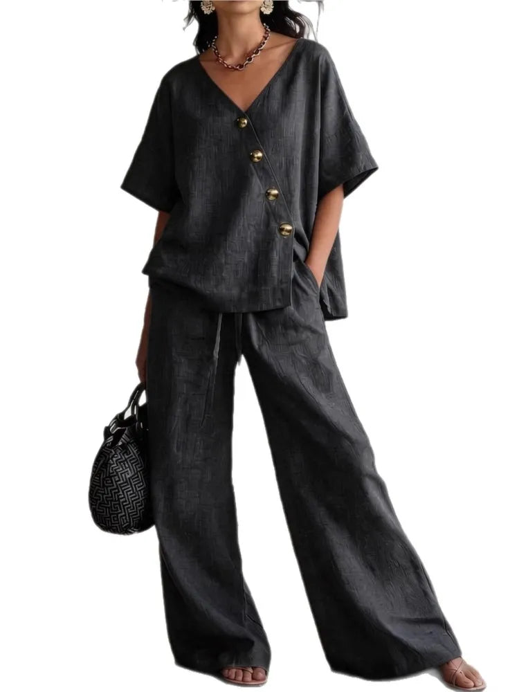Casual Loose Pants Sets Women Summer 2026 Fashion Short Sleeve V-neck Tops And Wide Leg Pant 2 Piece Set Woman Outfits