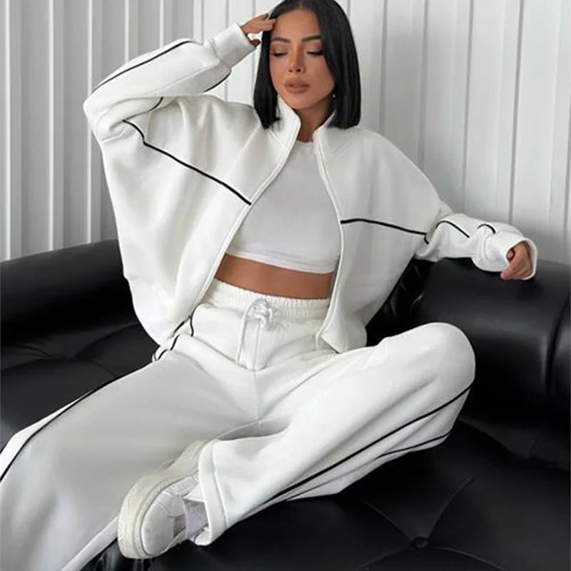 2026 New Cross-Border European American Amazon Casual Set: Long-Sleeve Semi-High-Neck Cardigan Sweatshirt With Tie And Striped