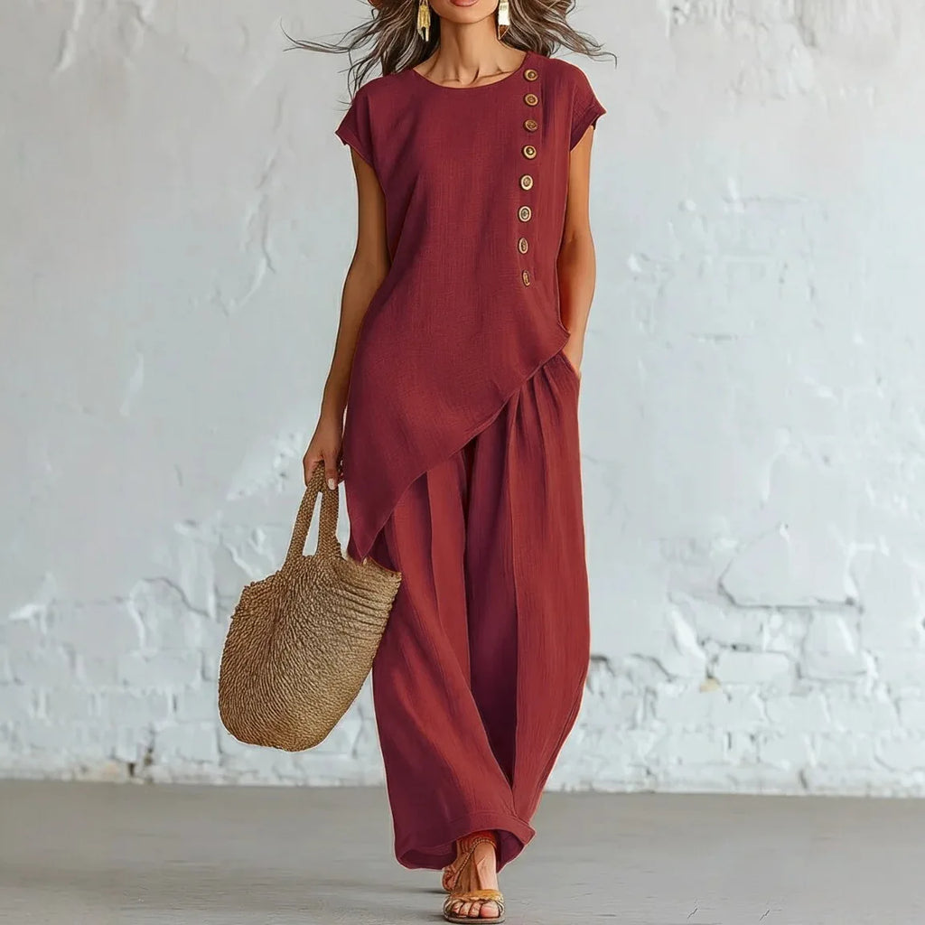 2026 Women 2 Piece Set Elastic Waist Pocket Button Decorate Wide Leg Pants+Solid Blouse Suit Casual Top Trousers Lady Outfits