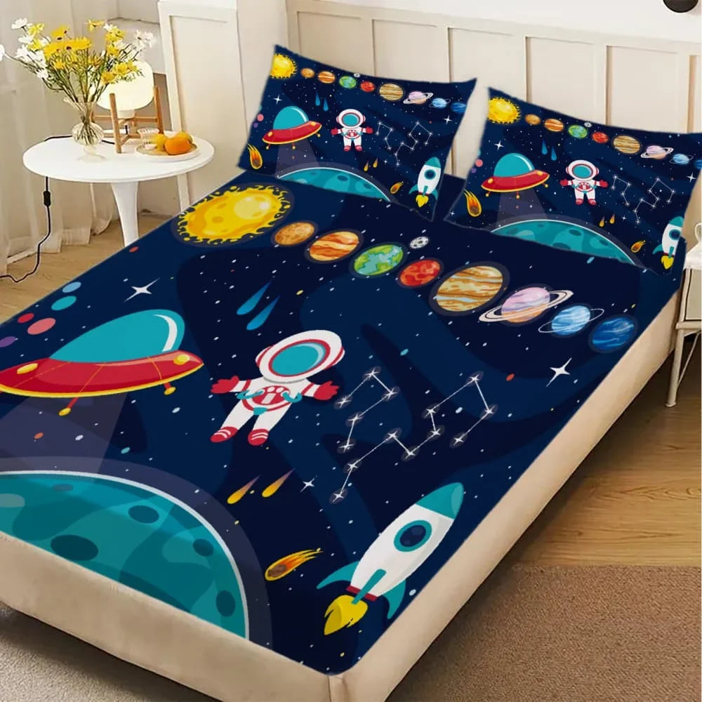 1pc Cartoon Space Astronaut Print Fitted Sheet Deep Pocket Elastic