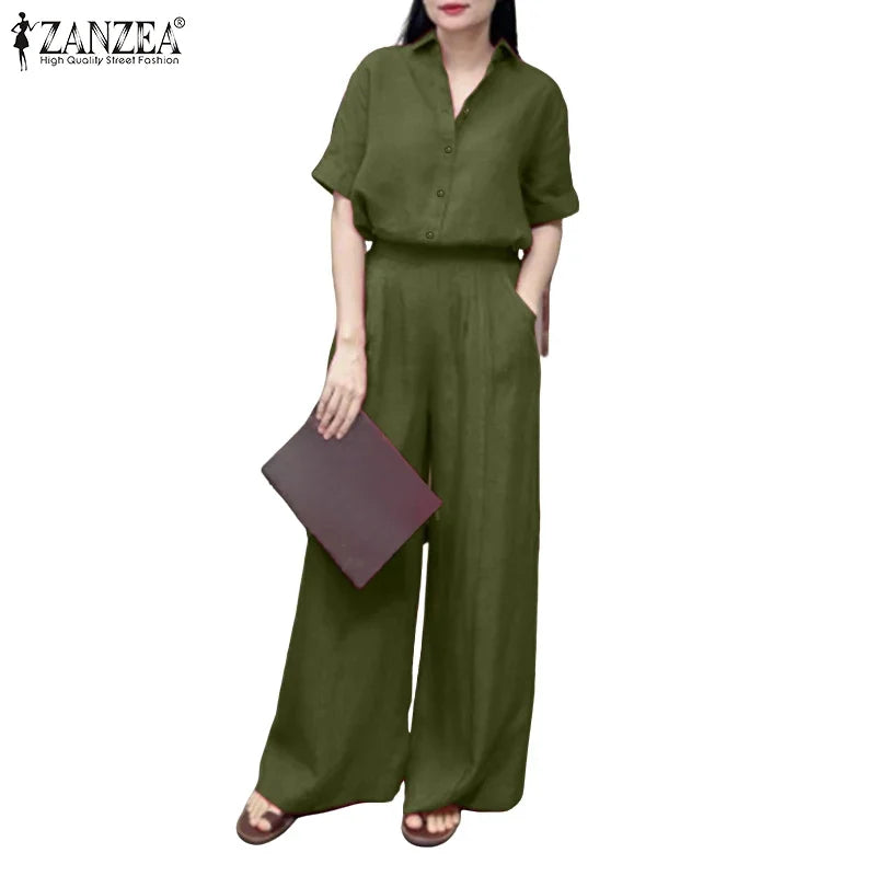 Summer Women's Casual Pant Suits Wide Leg Pant & Half Sleeve Shirt 2 Piece Sets ZANZEA Solid Color Commuting Day Wear Pant Sets