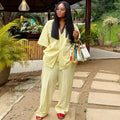 New African Fashion Women Two Piece Set Yellow Striped Printed Loose Shirt Top and Wide Leg Pants Set Outfits
