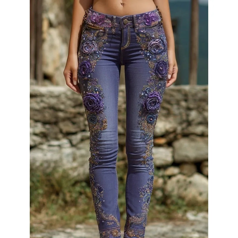 Women's Fashion Floral Jeans Straight Leg Denim Pants European American Style