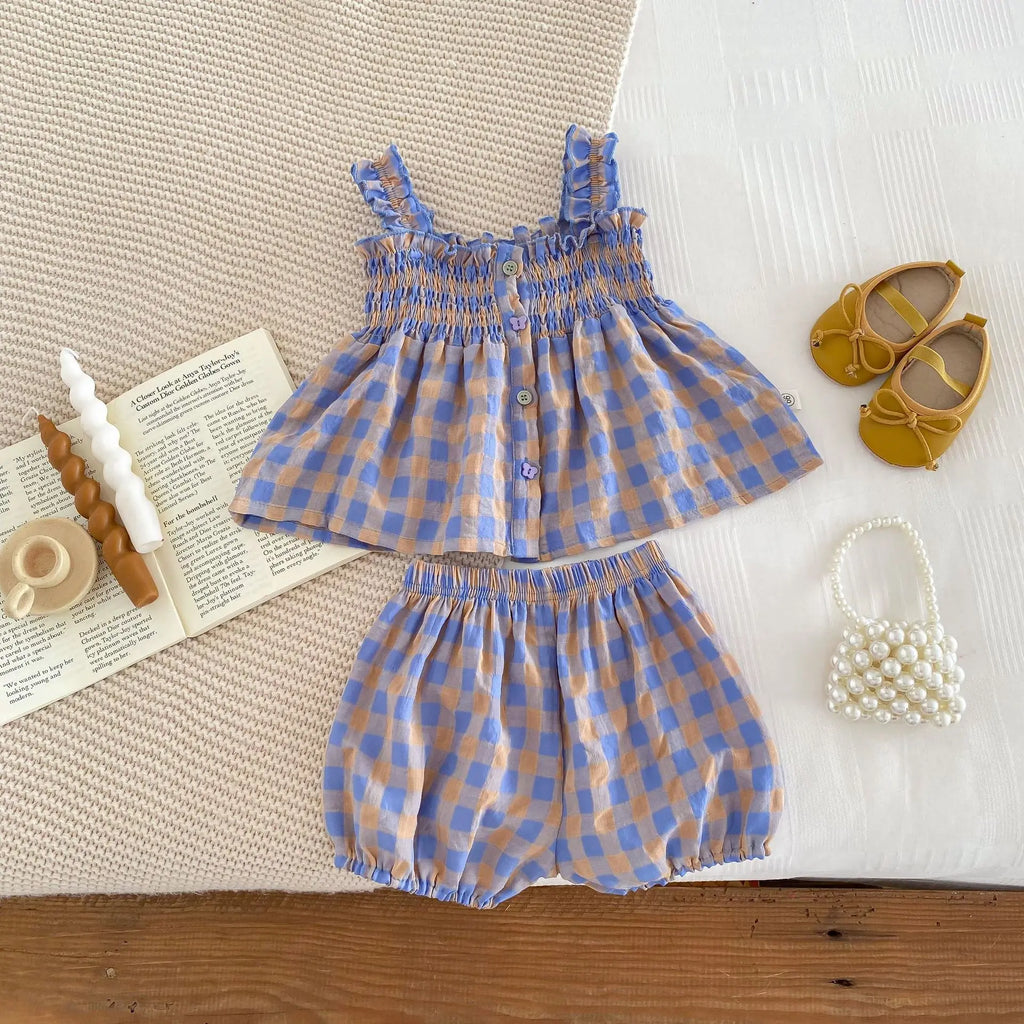 Korean Style Baby Girl Set Suspender Shirts with Shorts Purple Plaid Two Piece Suit Girls Summer Beach Casual Clothes